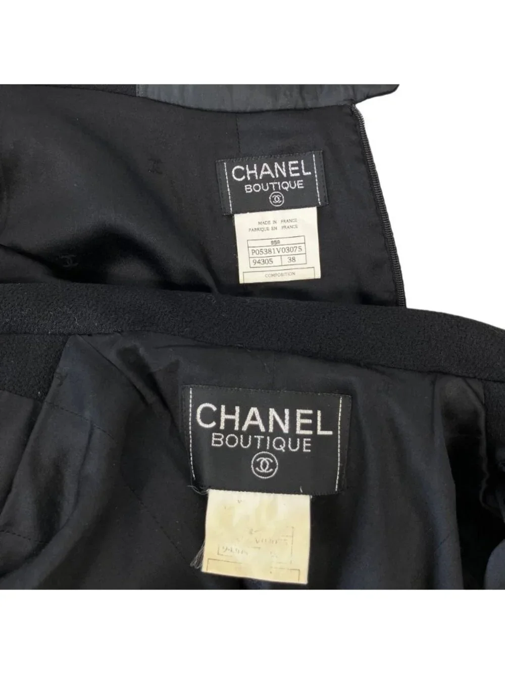 Chanel Vintage CC Logo Button Tweed Jacket Skirt Set 38 Black